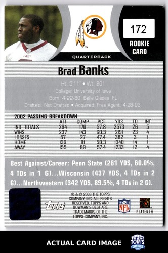2003 Bowman's Best #172 BRAD BANKS Washington Redskins AUTO RC NM - Picture 2 of 4