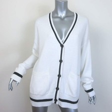 Minnie Rose Stripe-Trim Oversized Cardigan White/Black Cotton-Cashmere One Size