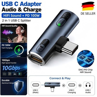 USB C Splitter 1 auf 2 Typ C Adapter PD 100W 10Gbps OTG Kopfhörer Grau
