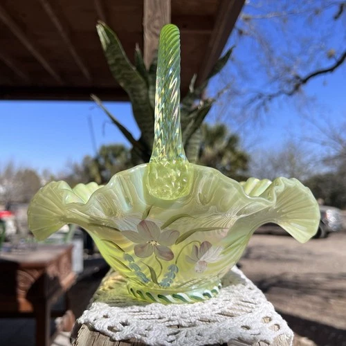 Fenton | Sunshine Bouquet Topaz Vaseline Opalescent Basket 10" | Hand Painted