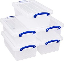 Really Useful Box 5.5 litre nestable Storage boxes with lids Clear (Pack of 5 )
