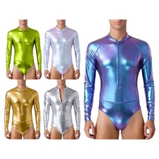 Mens Shiny Bodysuit Bodycon Long Sleeves Disco Dance Leotard Nightclub Clubwear