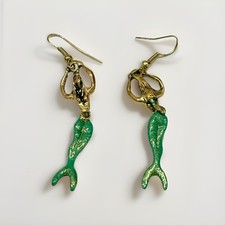 Vintage Mermaid Fish Movable Hinged Dangle Hook Earrings Sparkle Green Gold