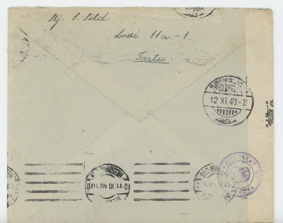 РЕДКОЕ, ПРЕВОСХОДНОЕ ПИСЬМО 1940 ТАРТУ-ЭСТОНИЯ В ФИНЛЯНДИЮ-СУОМИ С ЦЕНЗУРОЙ - Изображение 2 из 3