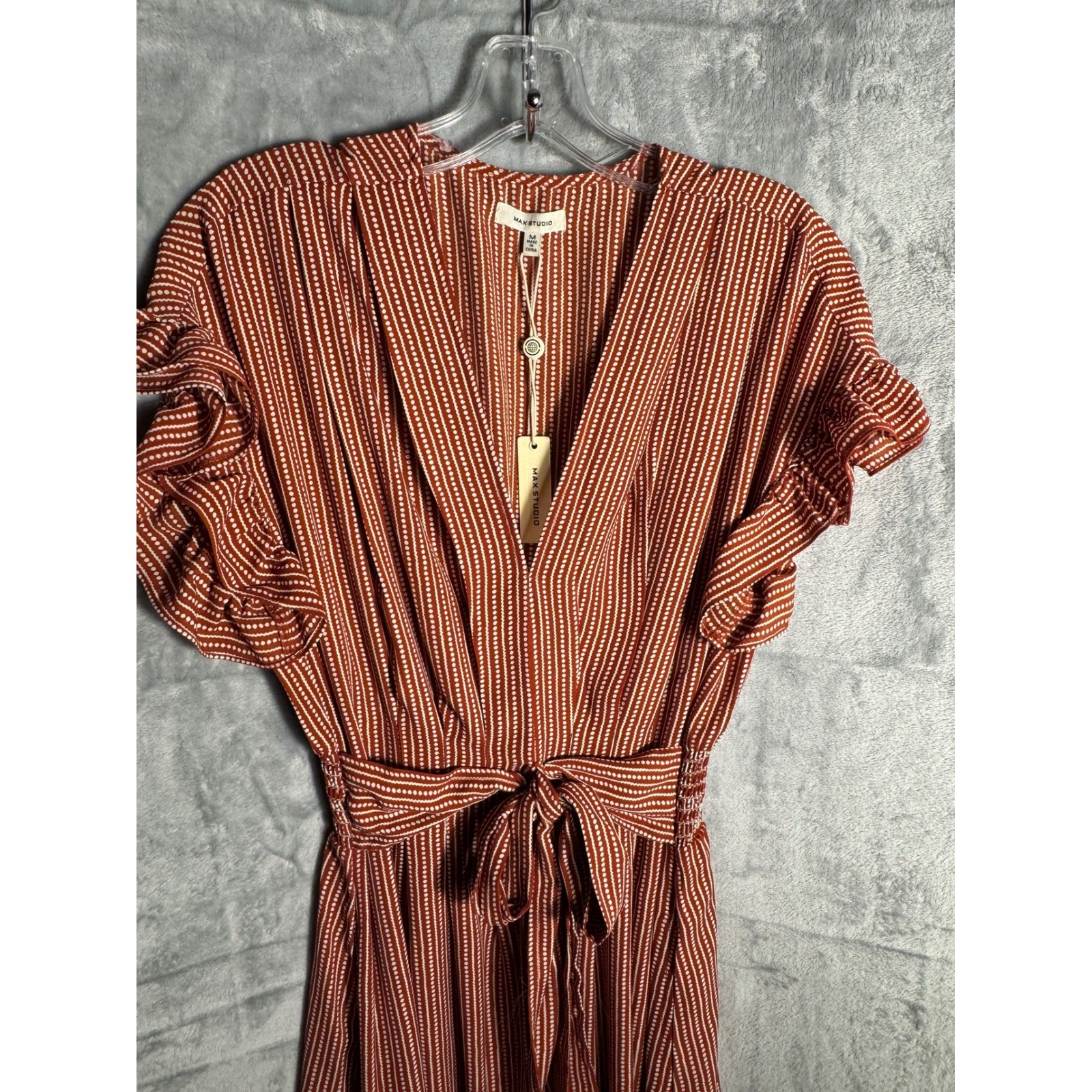 Max Studio Dress NEW red Dot Stripe Flutter Sleeve Midi dress Size M NWT