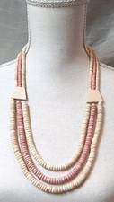VTG Layered Triple Strand Wooden Disc Bead Necklace Beachy Boho Cream Pink 25"L