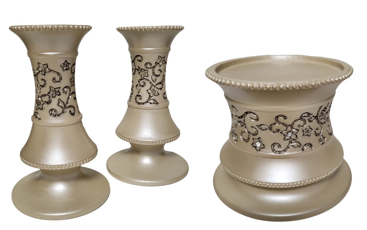 Set Of 3 Gold Glass Candle Holders - Pillar & Taper Candle Holders For Wedding & Table Decor - View #4