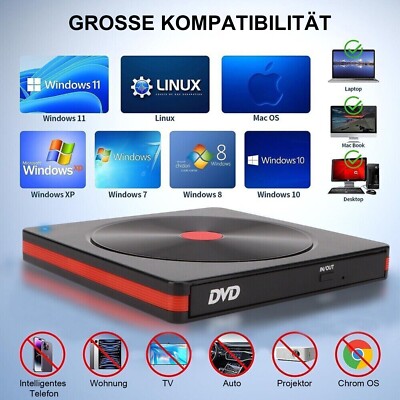 Externes DVD Laufwerk USB CD DVD Reader Drive für Notebook Laptop PC Windows