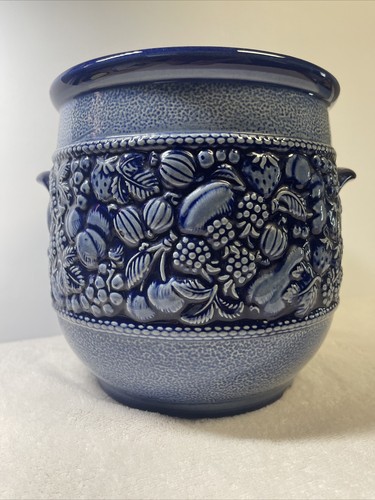 Vintage Marzi & Remy Rumtopf Blue Salt Glaze Crock 3042 No Lid Bottom Chip 8x8 - Picture 3 of 9