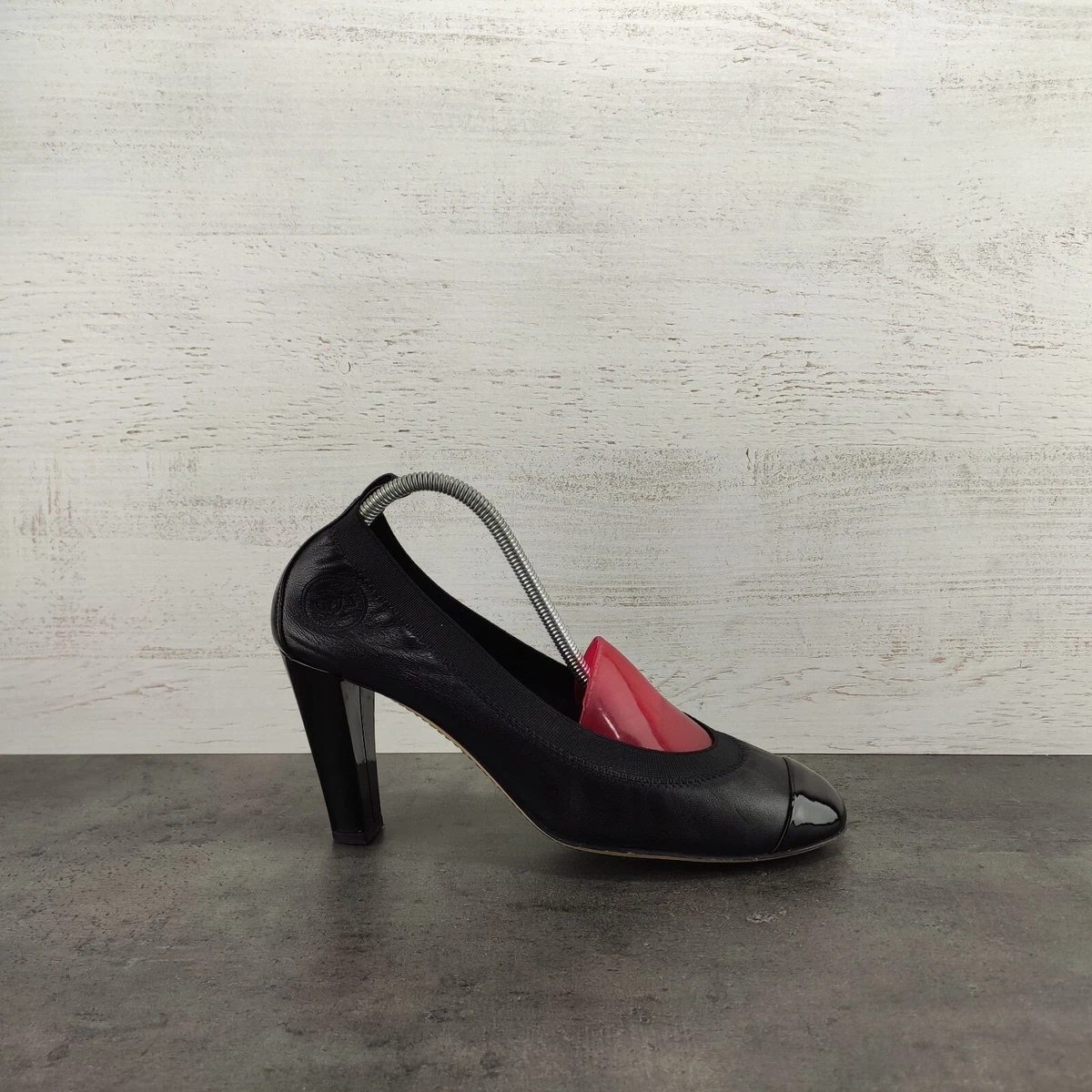 Chanel Black Patent Cap Toe Ballet Heels E G26644 Pumps Sz 38.5 | eBay