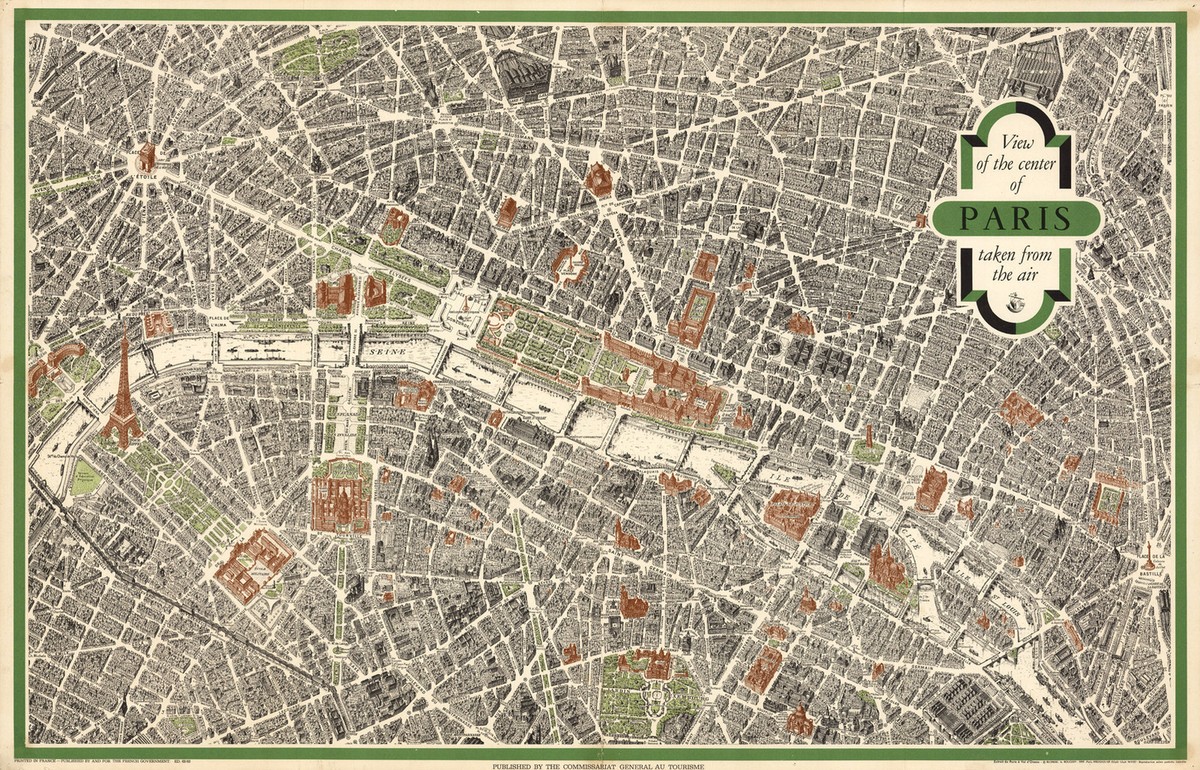 Early Historic Map Central Paris View Taken from the Air