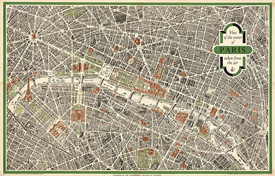 Early Historic Map Central Paris View Taken from the Air Wall Art Poster Vintage
