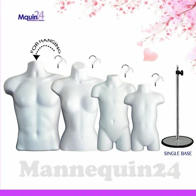 DISPLAYTOWN 4 Torso Forms White Male Female Child Toddler Body Forms w/ 1 Stand & 4 Hangers