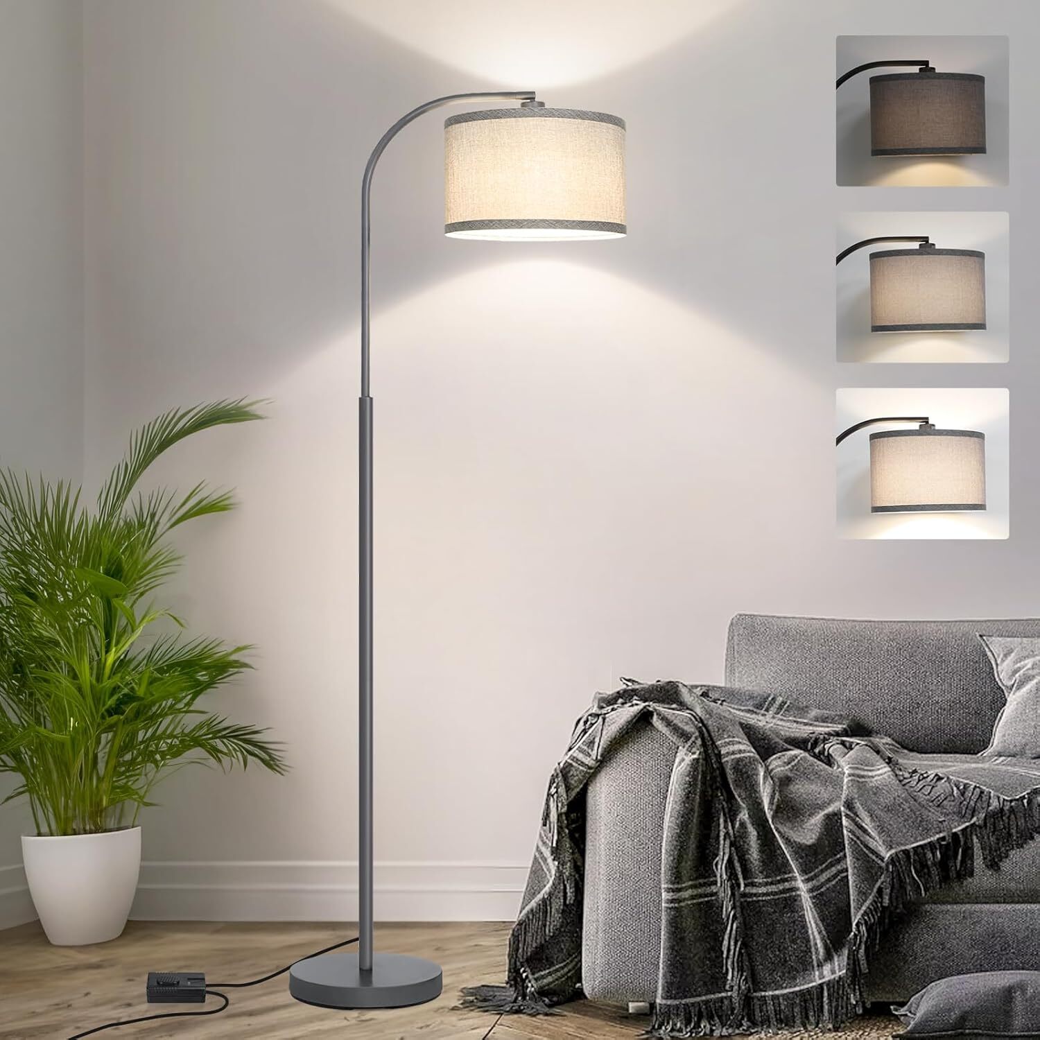 Dimmable curved LED floor lamp for living room with adjustable brightness