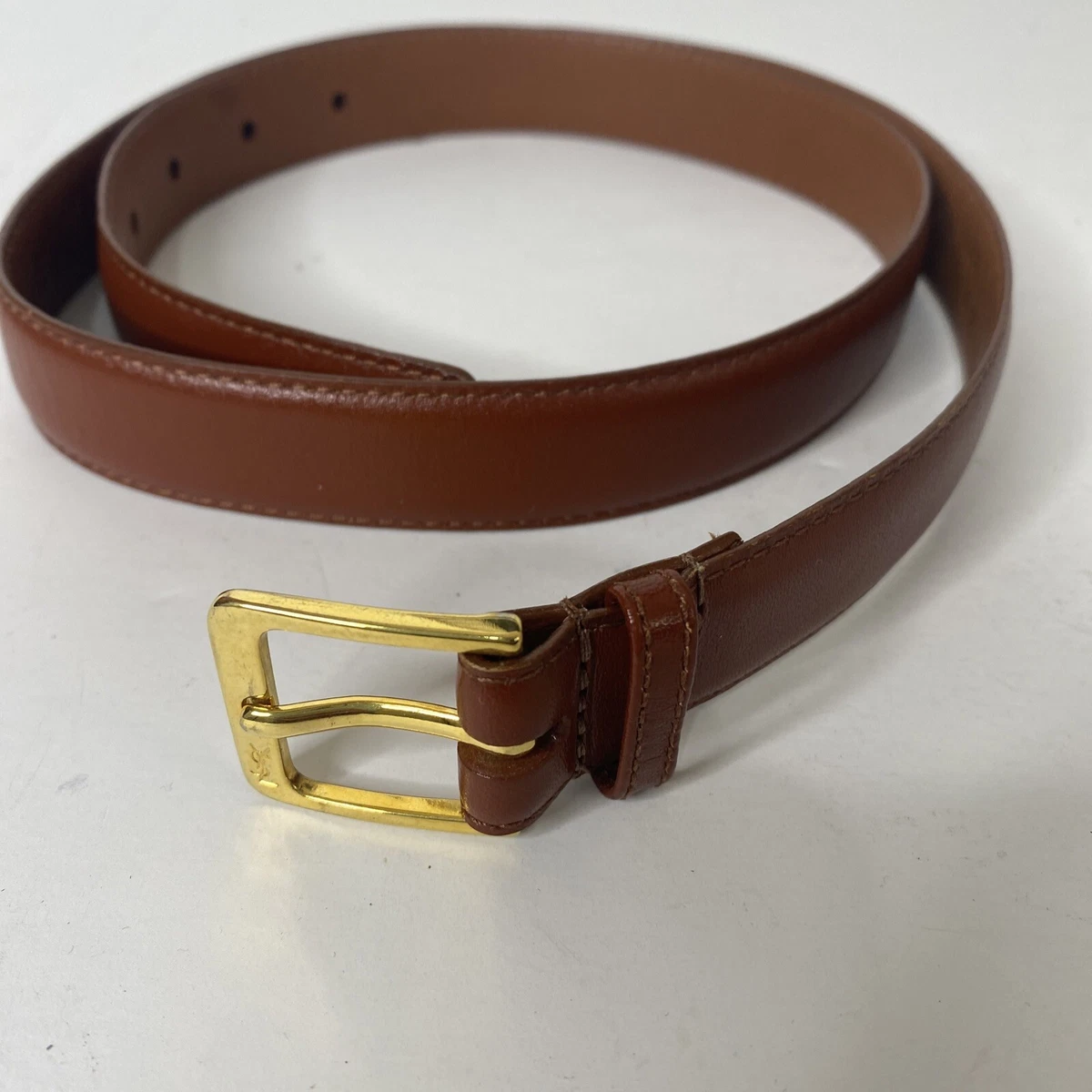 YSL Yves Saint Laurent Brown Leather Belt Gold Tone Buckle Size 36