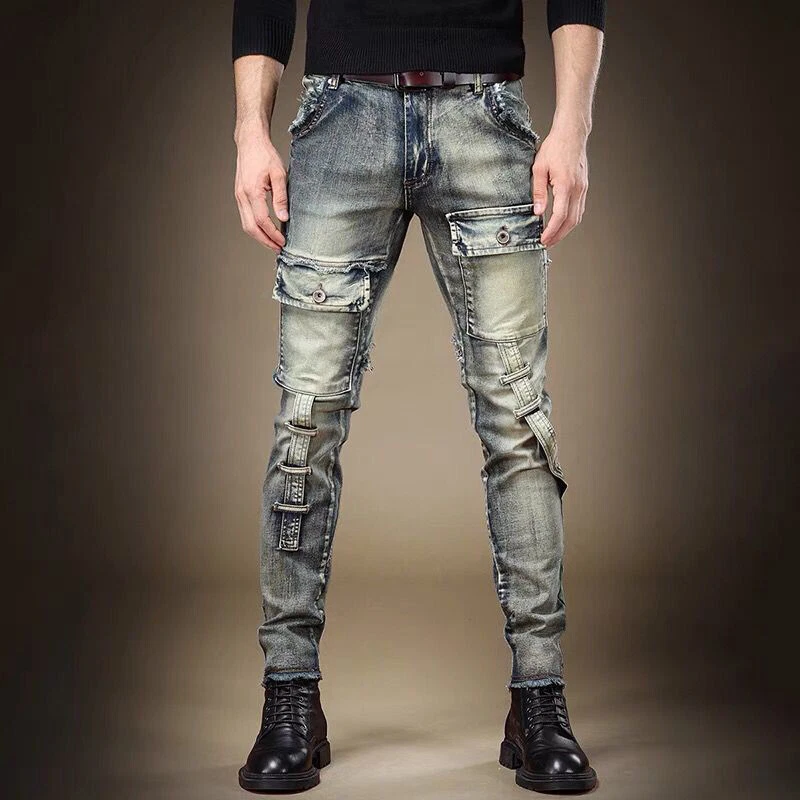 Motorcycle Biker Mens Denim Slim Skinny Pants Overalls Jeans Punk Rock  Trousers