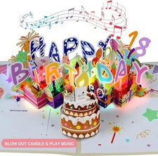3D Musical Birthday Pop Up Card, Blow Out LED Light Candle & Music Happy