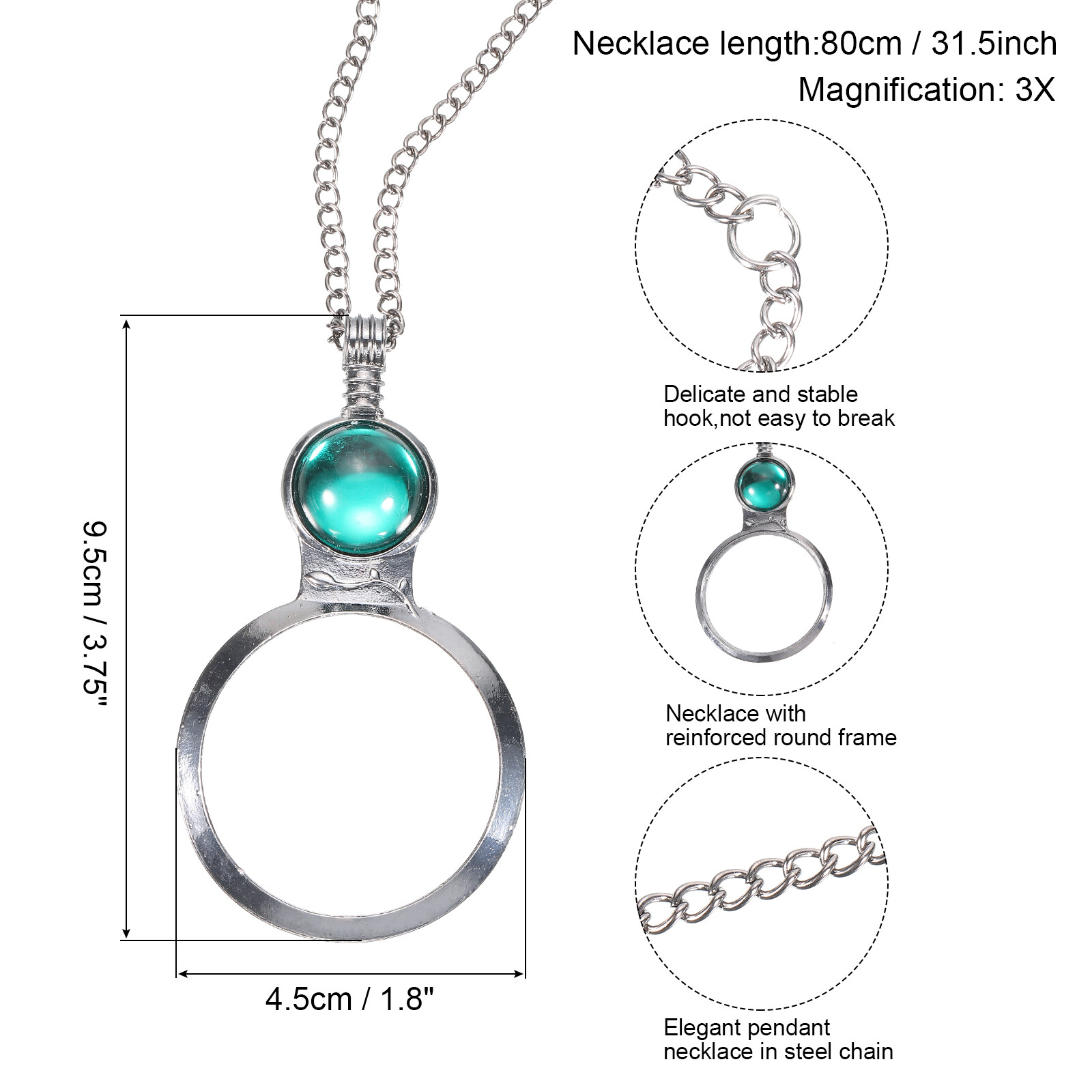 3X Magnifying Glass Necklace, 1pcs Magnifying Glass Pendant Women
