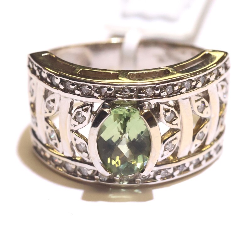 14k white gold .38ct VS1 G diamond natural Green stone ring 8.3g