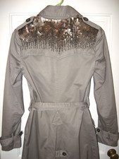 Gryphon New York Sequined Trench Coat Sz Xs Khaki Gray Belted Double Breasted Eu