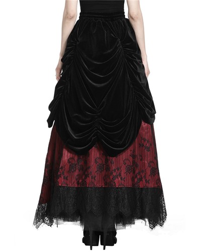 Dark in Love Long Gothic Skirt Black Red Velvet Lace Steampunk Victorian Bustle - Picture 7 of 12
