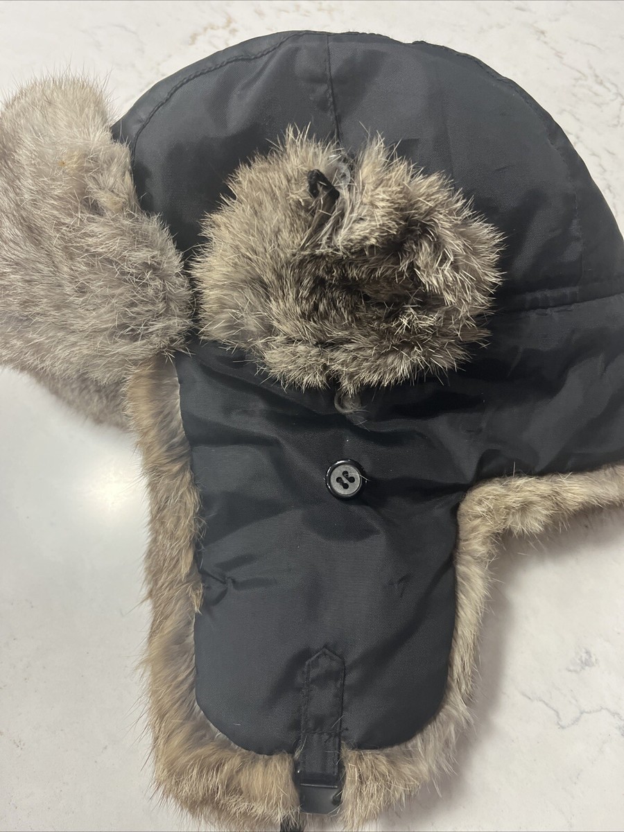 Genuine MAD Bomber Black Hat Natural Rabbit Fur Warm w/Snap  display picture 3
