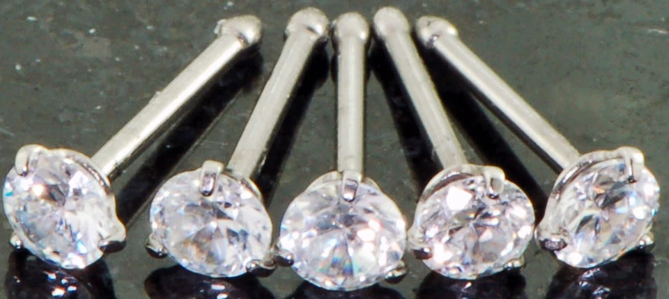 5 Pc 316L Surgical Steel 18g Prong Set 3mm CZ Gem Nose Studs Bones Rings - Image 2 of 3