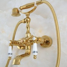 Gold Brass Claw-foot Bathtub Faucet Wall Mounted Tub Faucet Handheld Shower