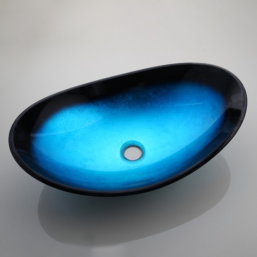 Grifo mezclador cromado fregadero de vidrio templado montado en encimera de baño azul en U - Imagen 5 de 9
