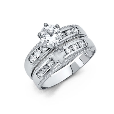 Womens 14k White Gold Round CZ Wedding Bridal Set Engagement Ring Band Size 7