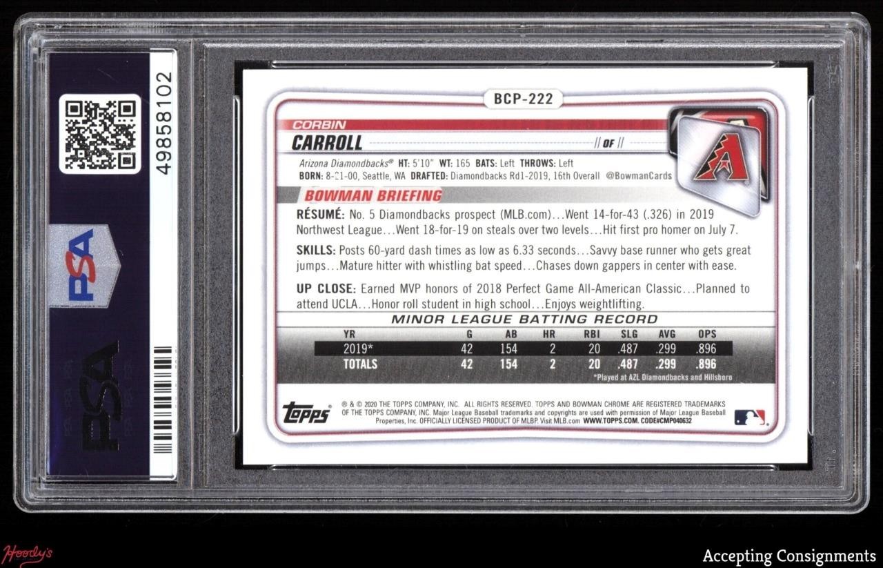 2020 Bowman Chrome X Green X-Fractors #BCP222 Corbin Carroll ROOKIE 30/31 PSA 10 view 2