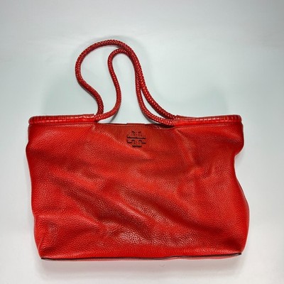 Tory Burch Taylor Poppy Orange Pebbled Leather Braided Handles Tote Bag Women's