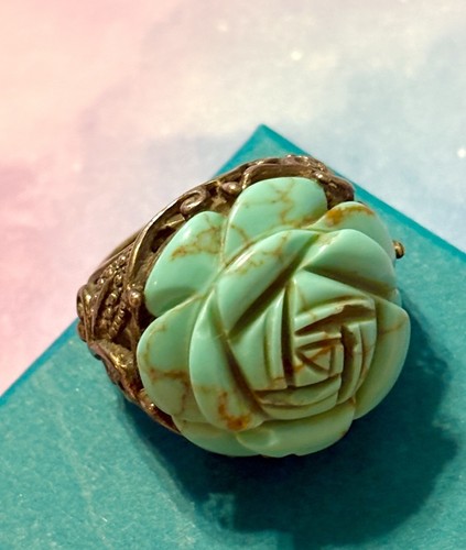 17g Designer carved TURQUOISE ROSE Flower Sterling Silver 925 Floral Ring 6.25