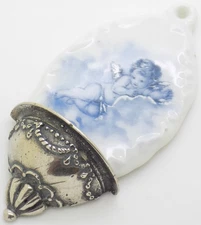 Vintage Italian Genuine Silver Limoges Porcelain Holy Water Font Miniature Stoup