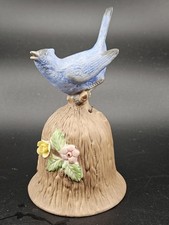 Vintage Blue Jay Bisque Porcelain Bell Nature Theme Tree Trunk Finial 4.5 in