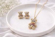 Teddy Bear Gold Plated Jewelry Set Necklace with Extension Stud Earrings Gift