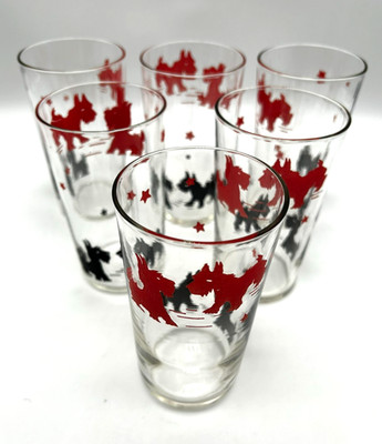 Vtg 40's MCM Scottish Terriers Tumbler Glasses Black Red Stars Graphics Set of 6