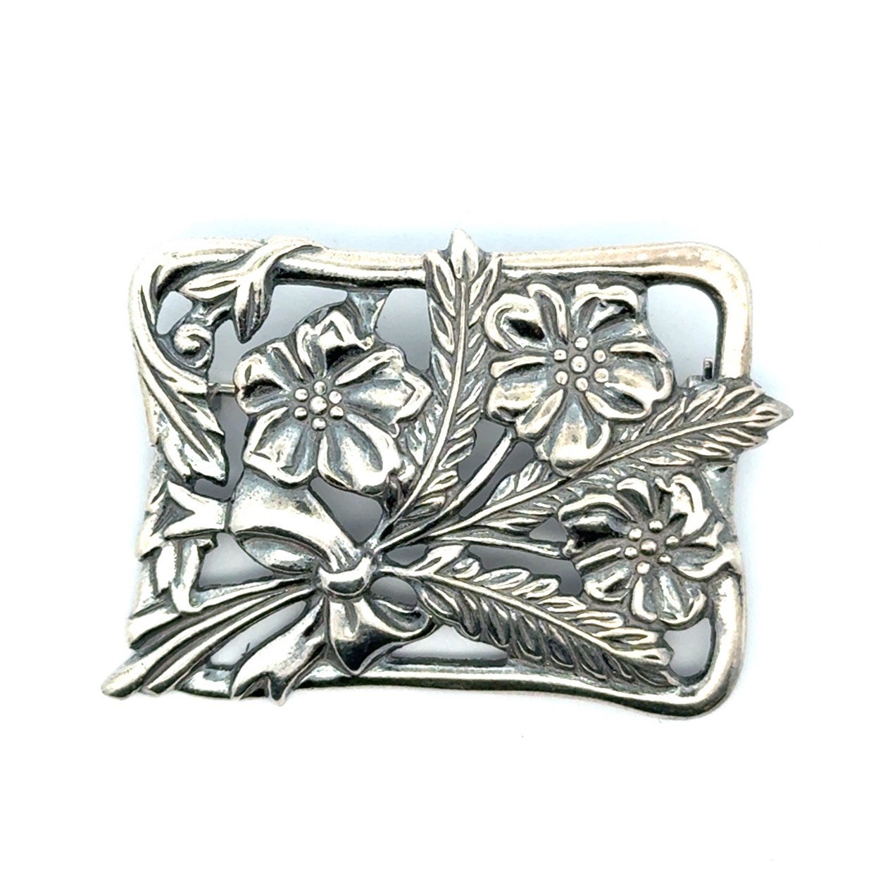 .925 Sterling Silver Rectangular Floral Brooch, 1… - image 1