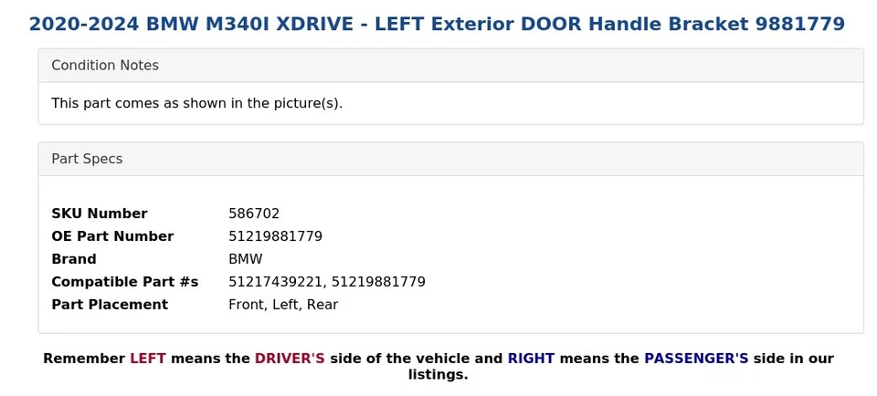 BMW M340I XDRIVE 2020-2024 - Soporte de manija de puerta exterior izquierdo 9881779 Foto 4 de 4