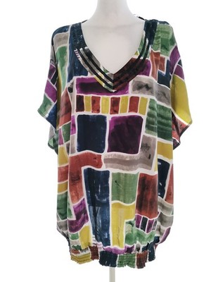 ZIZZI Damen Tunika Bluse Gr. M Bunt Kurzer Ärmel Geometrisch V-Ausschnitt