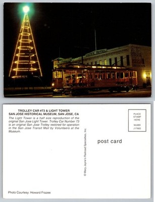 San Jose CA Trolley Car #73 Light Tower Night View Pacific Hotel Postcard