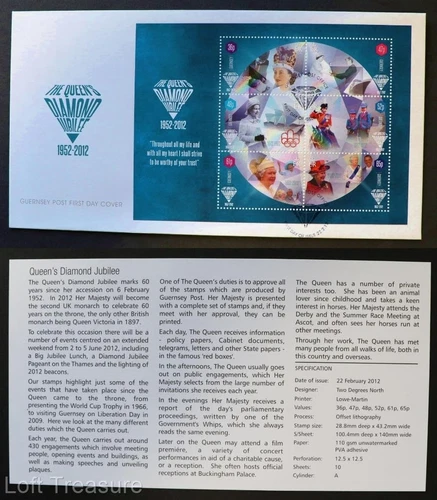 Guernsey Stamps: "Queen Elizabeth II - Diamond Jubilee" 6v S/S FDC 2012