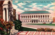 1950 Boston Public Library Copley Sq Phillips Brooks Monument Postcard