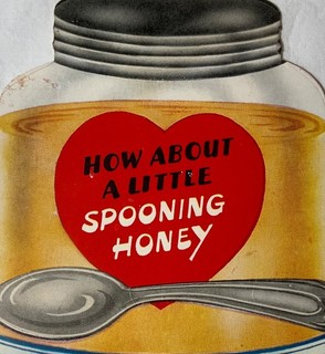 VTG Die Cut Valentine Card Jar of Honey Saucer Spoon “How About Spooning Honey?”