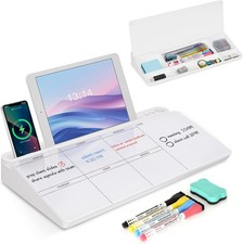 Desktop Glass Whiteboard with Storage, Weekly Calendar Desk Dry Erase White B...