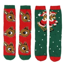 Rudolph The Red Nosed Reindeer Christmas Adult Fuzzy Plush Crew Socks 2 Pack
