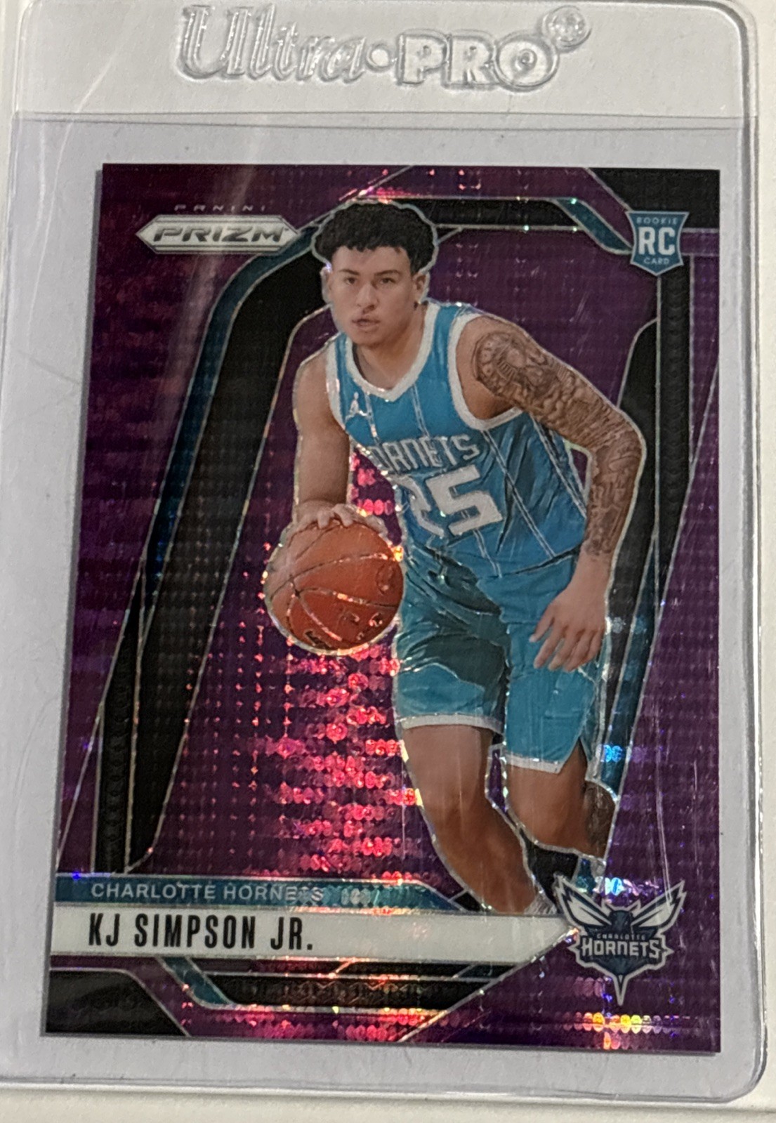 KJ Simpson Jr 2024-25 Panini Prizm SSP /35 Purple Pulsar RC Hornets #247