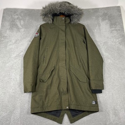Roots 73 Parka Jacket Womens Medium Green Faux Fur Hood Quilted Lining