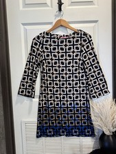 Eliza J Nordstrom Mod Geometric Shift Dress Black Blue Tan Ivory 4 Stretch EUC