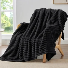 Black Fleece Throw Blanket, 50x60, 300GSM, Soft, Warm, Fluffy, Striped